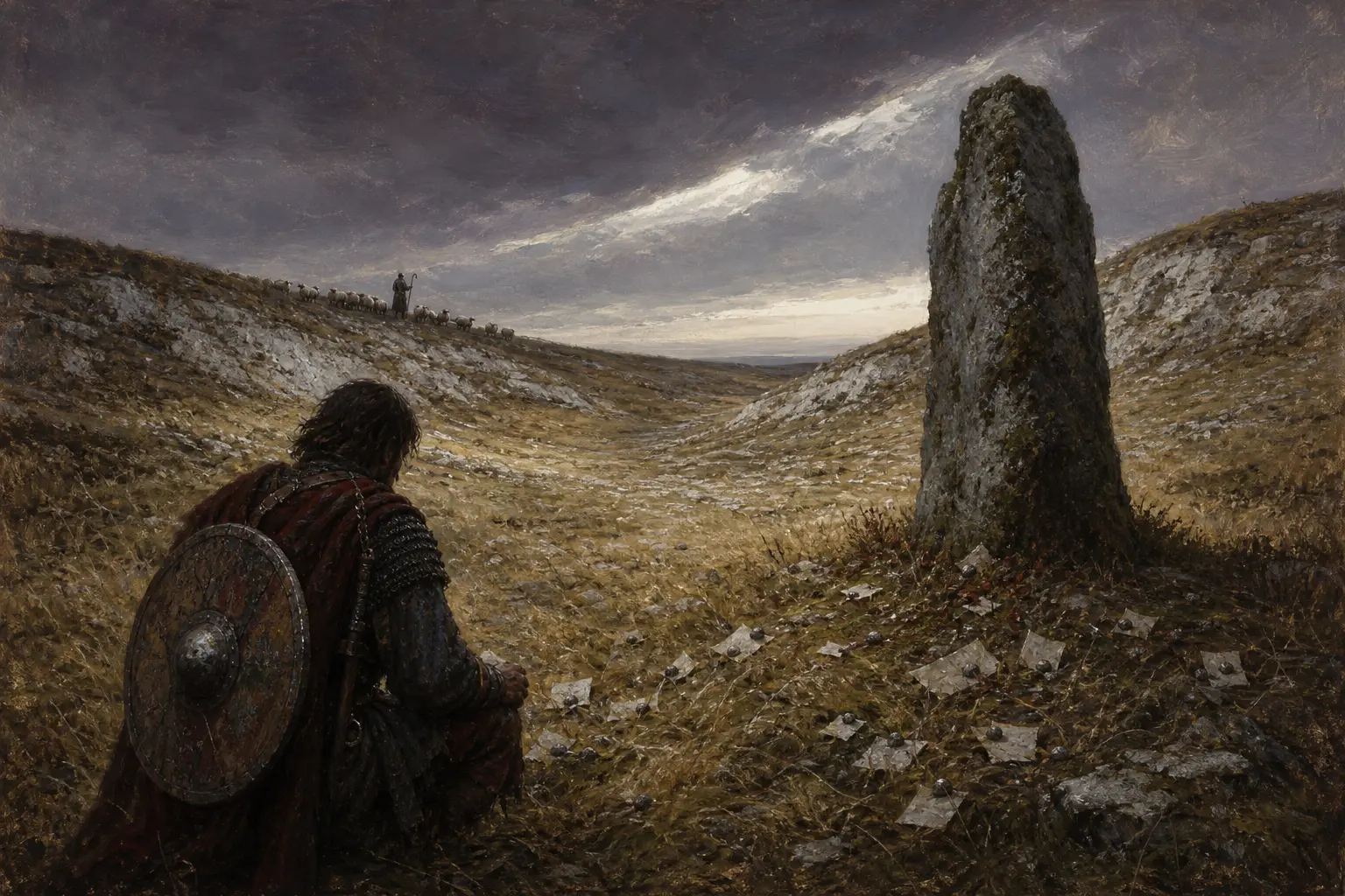 Ein blasses, grasbewachsenes Tal zwischen Kreidehügeln, am Kopfende ein verwitterter grauer Monolith, in der Ferne ein Schäfer mit seiner Herde.