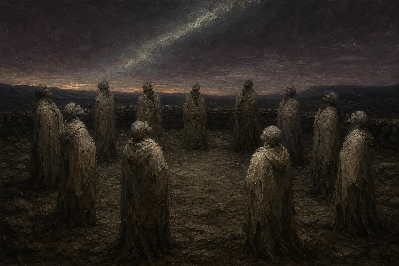 Un cercle de morts gris en linceuls se tient dans un champ nu au crépuscule, les visages levés vers une pâle cicatrice de lumière dans le ciel.