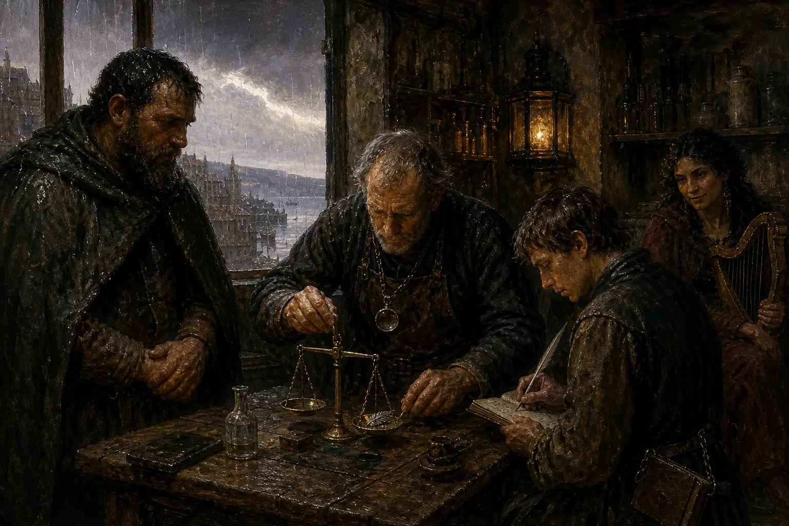 Meister Ferros Werkbank an der Salzstiege: die Probe von Jory Rusks Brosche bei Lampenlicht, Regen am Fenster.
