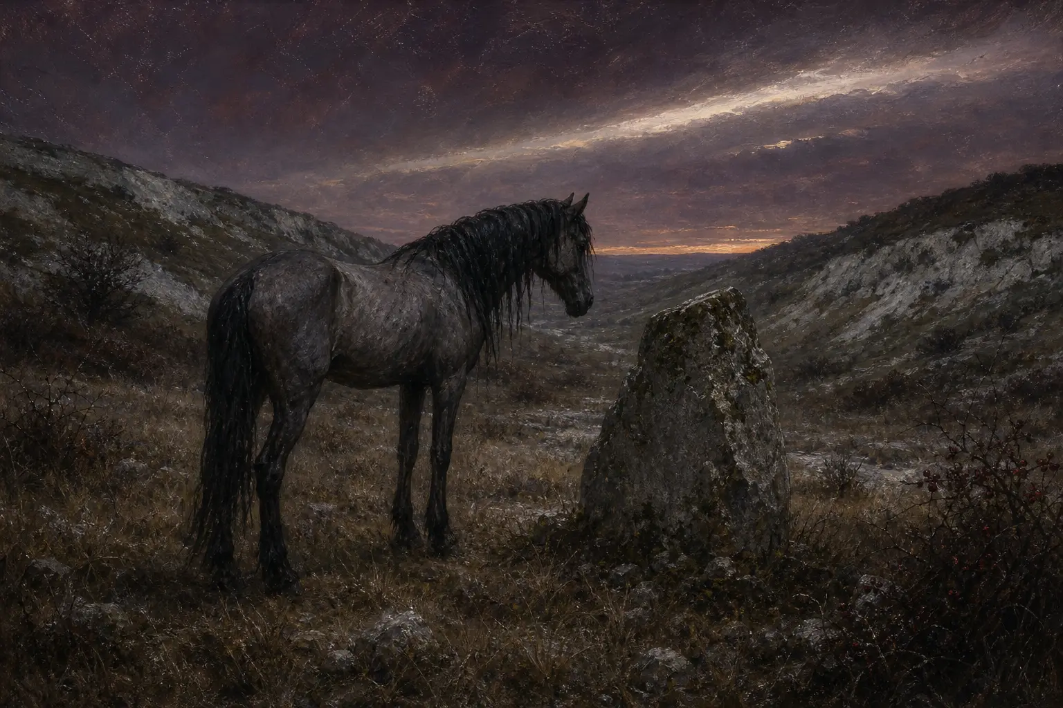 A grey mare standing at dusk in a chalk valley before a moss-lettered stone, still and watching.