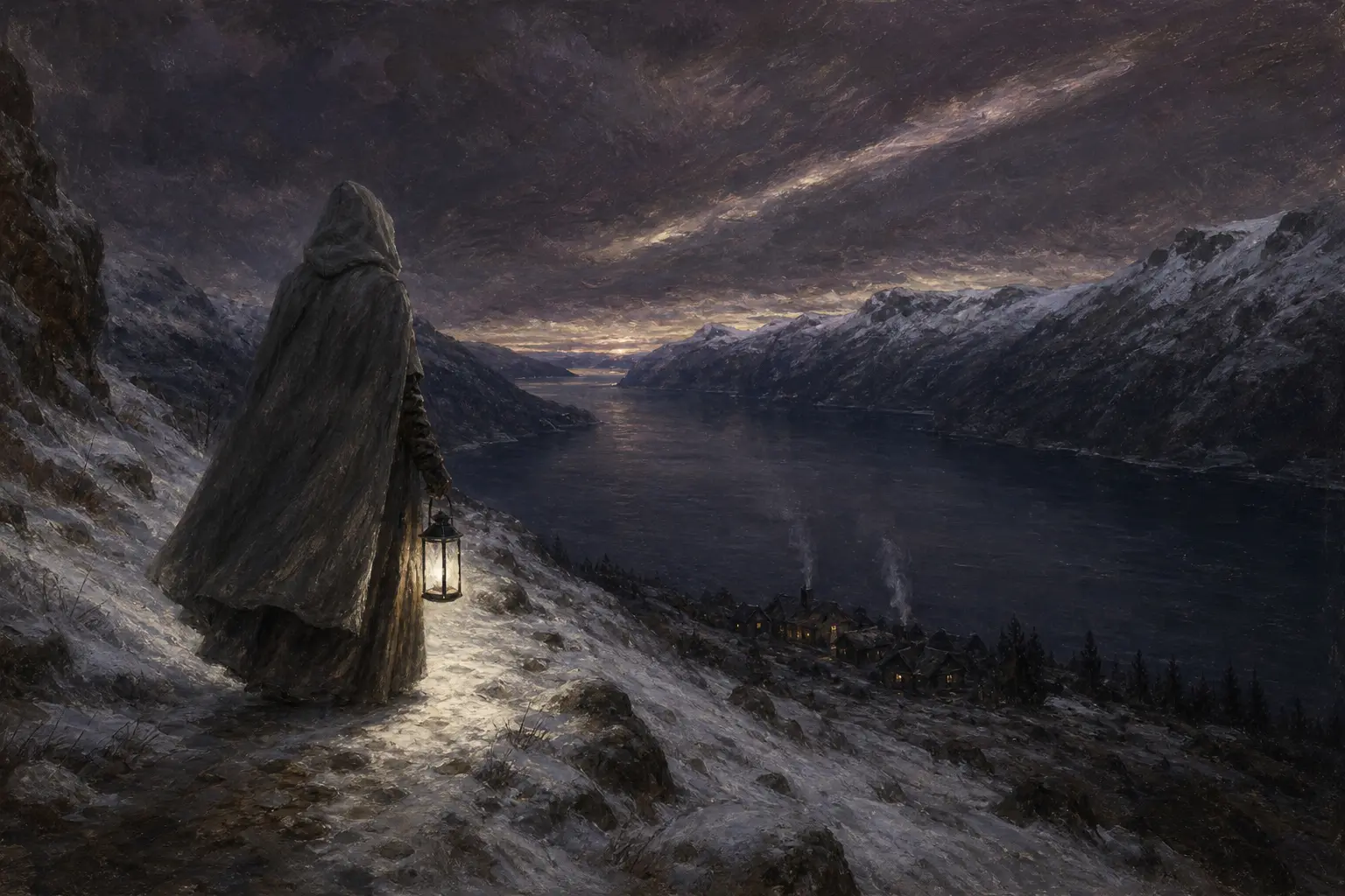 Une femme vêtue de gris, capuche sur la tête, sur un sentier enneigé de fell au-dessus d'un fjord, tenant une lanterne de fer aux vitres claires au crépuscule.