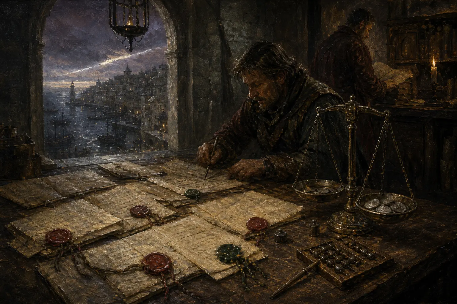 Cartas de crédito selladas, monedas y una balanza sobre la mesa de un notario, bajo una luz gris de ventana.