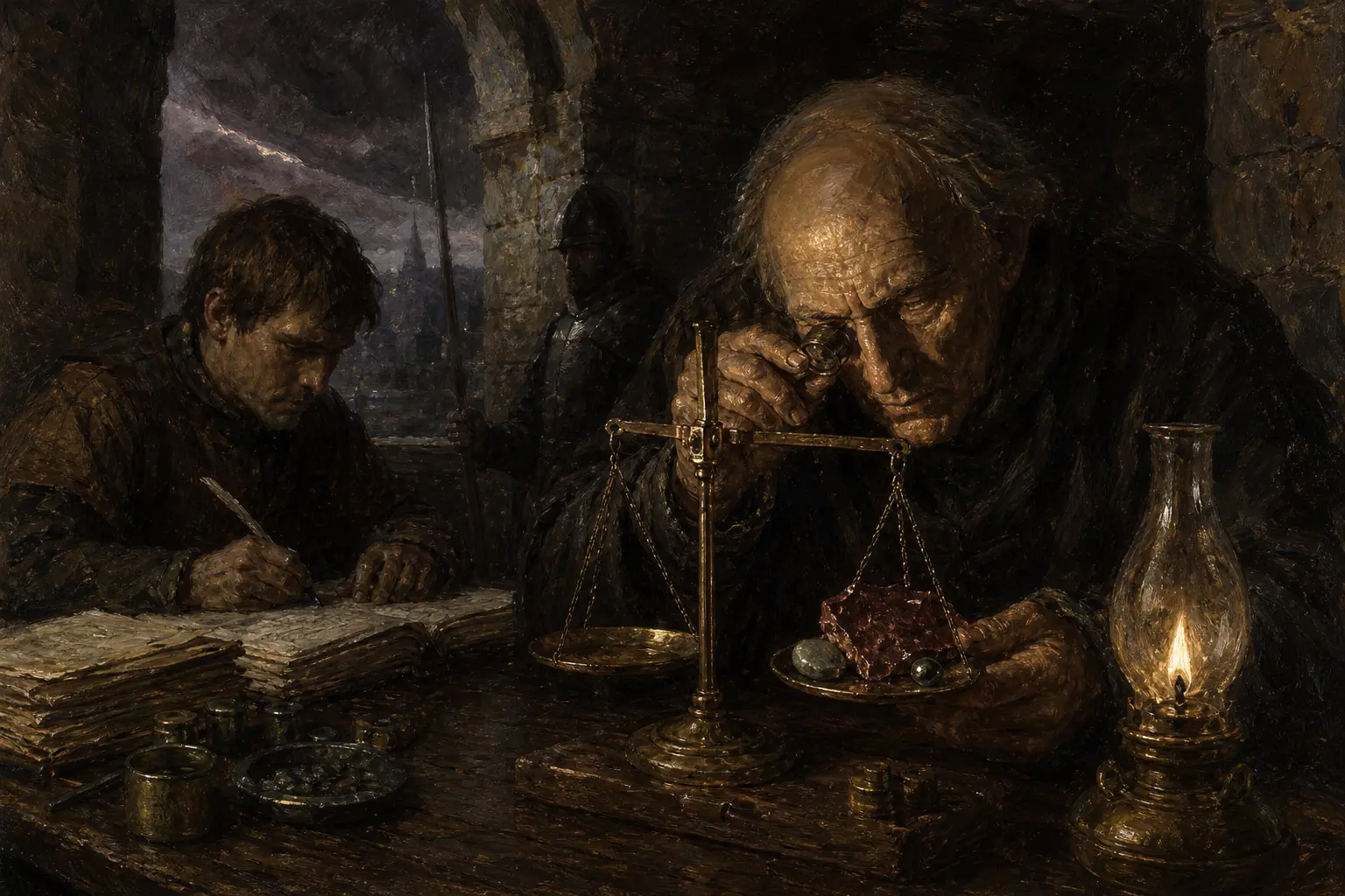 Essayeurs de la Monnaie pesant un éclat de couronne doré à la lumière d'une lampe, pendant qu'un greffier consigne le résultat.