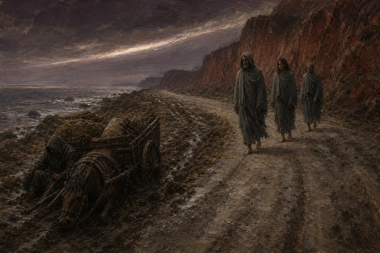 Ein Fuhrmann überlässt bei Dämmerung die Straße drei grau gewandeten Pilgern, die keine Schatten werfen.