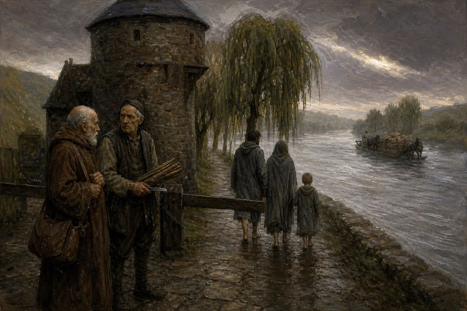 An elderly monk and an old toll collector standing on a stone towpath beside a broad grey river, watching three small grey-robed figures walk away west along the willow-lined bank.